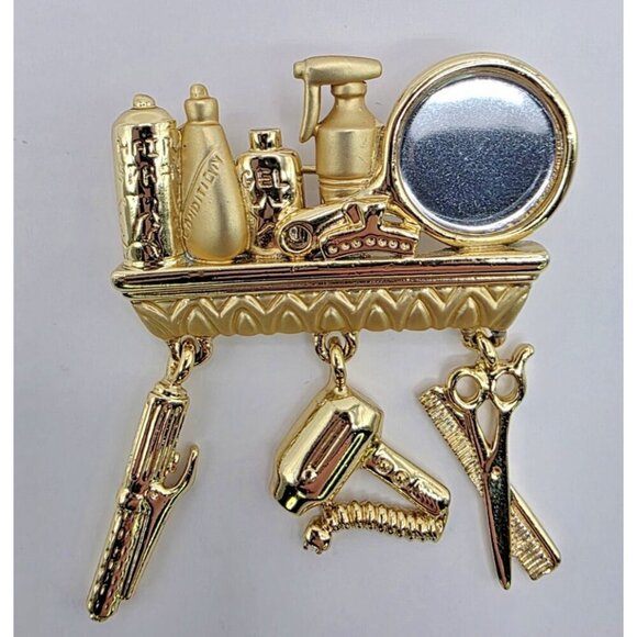 Danecraft Beautician Hair Dresser Brooch Gold Tone Salon Mirror Charms VTG - Picture 1 of 9